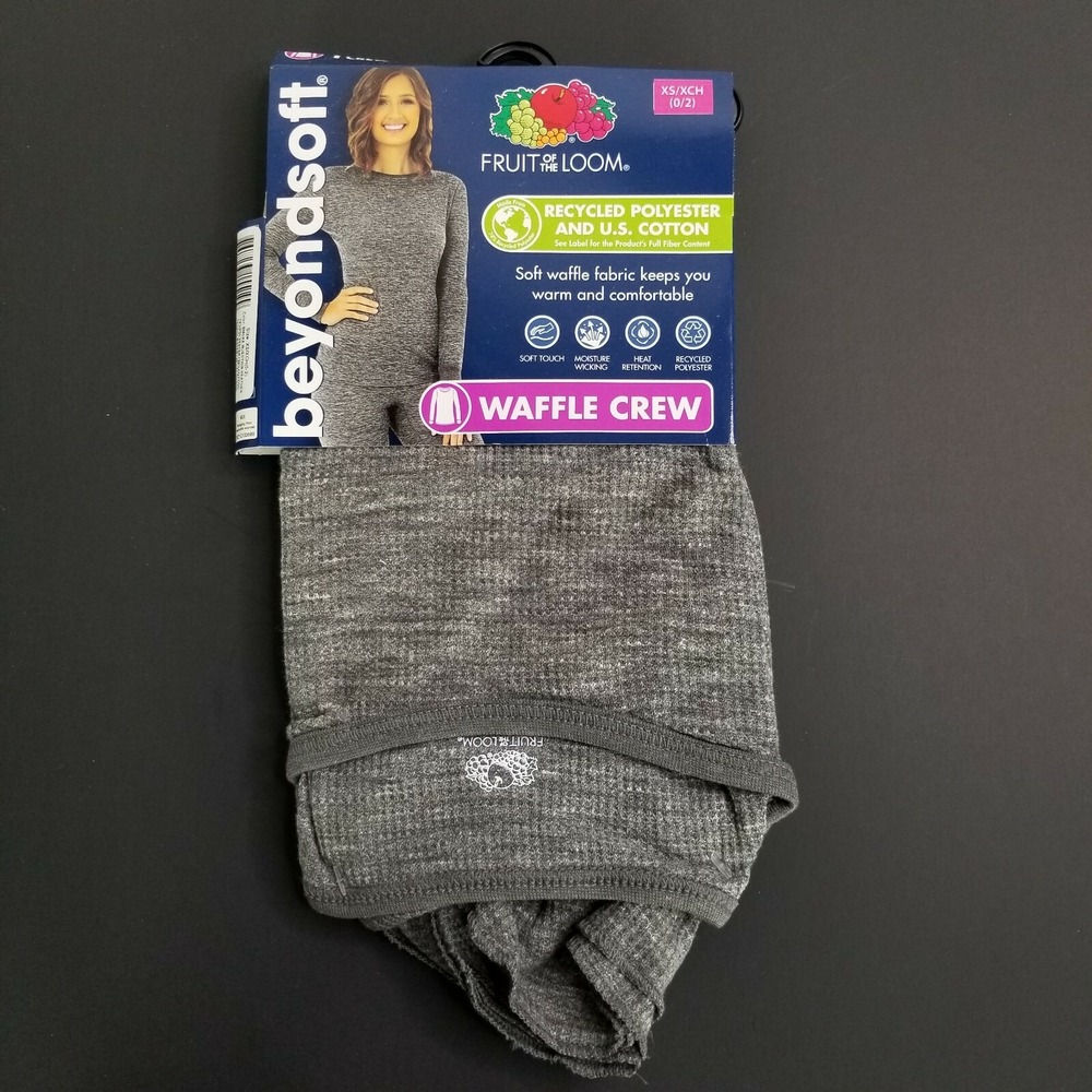Fruit Of The Loom Beyond Soft Thermal Waffle Crew Top Gray Smoke Size XS 0 2